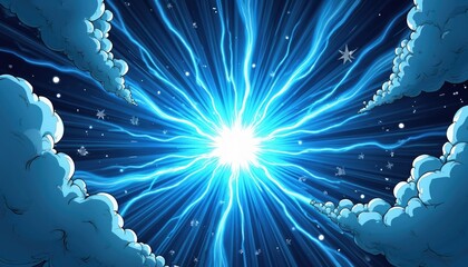 Naklejka premium Bright blue energy burst radiates outward from center, with comic style clouds on edges. Starburst light flares in dark void, hints of space elements appear.