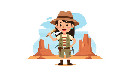 Cartoon explorer girl in desert landscape holding brush and feather illustration