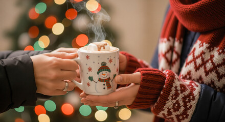 Serving a warm mug of hot chocolate to a person during a winter holiday charity event community kindness and support for the poor and homeless close up of hands giving comfort