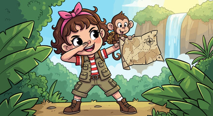 Cartoon girl explorer with monkey friend discovering treasure in tropical jungle adventure