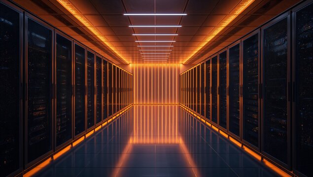 Modern Data Center Aisle with Illuminated Ceiling and Server Racks - Powered by Adobe