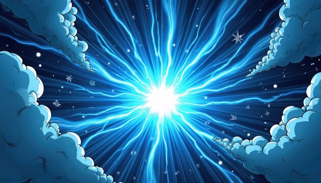 Bright blue energy burst radiates outward from center, with comic style clouds on edges. Starburst light flares in dark void, hints of space elements appear.