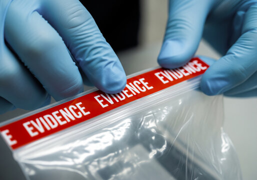 Forensic expert in blue gloves sealing a plastic evidence bag with red evidence tape after collecting a sample at a crime scene proper chain of custody procedure for criminal justice