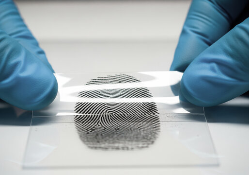 Forensic specialist in blue gloves using a fingerprint lifting tape to carefully lift a developed latent print from a surface crime scene investigation procedure for evidence