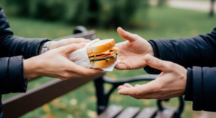 Sharing a freshly made sandwich with a hungry person volunteer hands giving food to the homeless charity lunch program and community outreach for poverty relief close up
