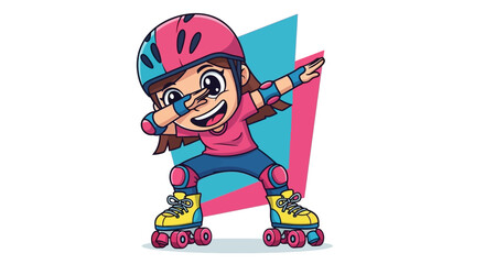 Cartoon girl roller skating and performing the dab dance on a white background
