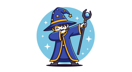 Cartoon wizard dabbing with magic staff in blue robe and starry hat illustration