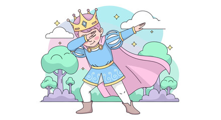 A whimsical illustration of a dabbing prince in a pastel-colored cartoon kingdom scenery