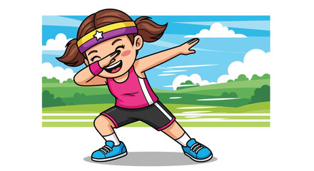 Cartoon girl in athletic wear dabbing with a scenic background illustration