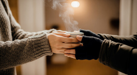 Volunteer serving a mug of hot tea to a cold person on a winter day at a charity shelter warming the homeless with kindness and support community care concept close up of hands