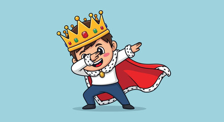 Adorable cartoon illustration of a little king dabbing against a blue background royalty and
