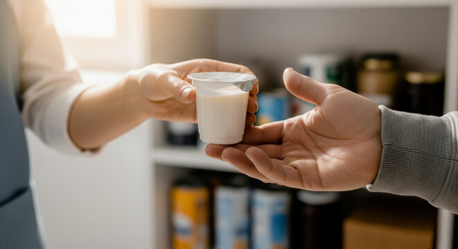 Volunteer giving a cup of yogurt to a person at a food pantry healthy breakfast donation for the needy community support and charity nutrition program close up of hands