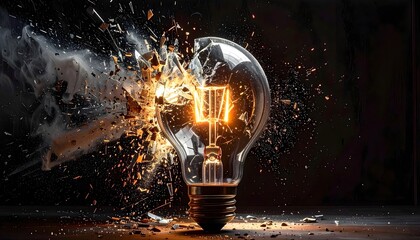 Eine explodierende Glühbirne vor schwarzem Hintergrund.