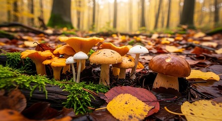 Close up of wild mushrooms in a forest setting with autumnal colors