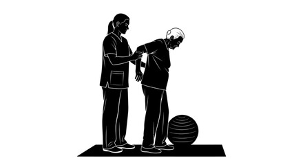 Healthcare professional assisting an elderly person with walking and balance exercises during physical therapy session.