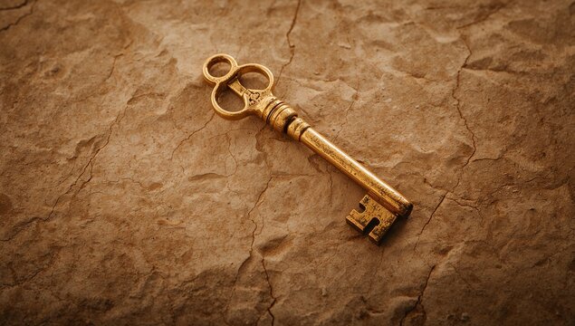 Vintage Golden Key on Textured Earthy Background