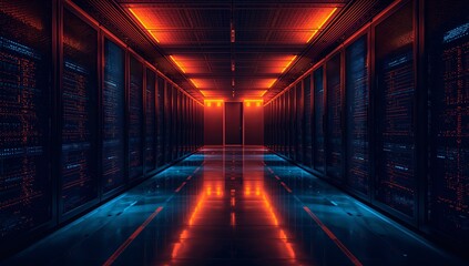Futuristic Data Center with Neon Lights and Reflective Floors