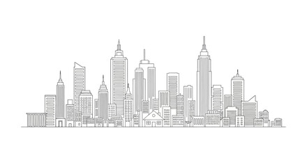 Fototapeta premium Minimalist line art illustration of a modern city skyline featuring various skyscrapers and urban buildings against a clean white background.