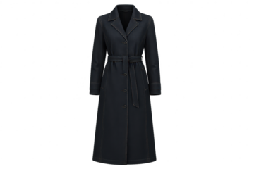 Elegant dark blue trench coat isolated on transparent background, belted style