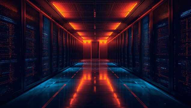 Futuristic Data Center with Neon Lights and Reflective Floors