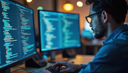 Man with beard and glasses types code on computer monitors at night. Programmer works on software development project with complex syntax in office. Focused coder on late shift.