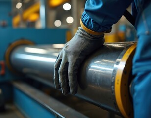 Gloved hand on metal pipe section. Worker in blue uniform operates heavy machinery in factory setting. Industrial production process in workshop.