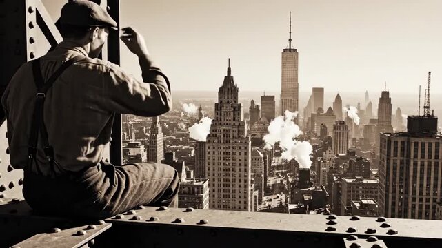 High above the streets of New York, workers sit on a steel beam, gazing over a stunning skyline. Smoke rises from rooftops as they share a moment against the backdrop of iconic buildings.