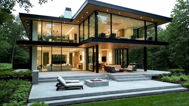 Modern forest house with floortoceiling windows and multilevel living space