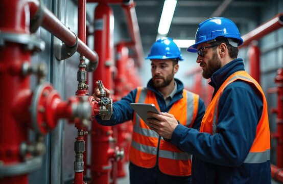 Two engineers in hard hats and safety vests check red industrial pipes. One man adjusts valve lever while other reviews data on tablet. Team inspects fire suppression system safety equipment. - Powered by Adobe