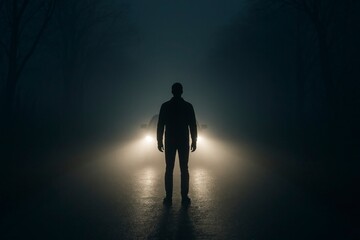 Fototapeta premium Silhouette in Car Headlights at Night