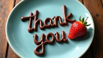 Chocolate lettering on plate says thank you. Red strawberry beside chocolate words. Plate stands on wood surface. Sweet dessert illustration for gratitude message.