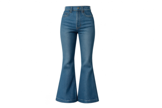 Flared blue jeans isolated on a transparent background, fashionable apparel