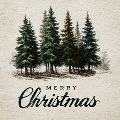 Elegant Vintage Merry Christmas Card with Classic Engraved Pine Forest and Textured Cream Paper Background: Minimalist Holiday Typography