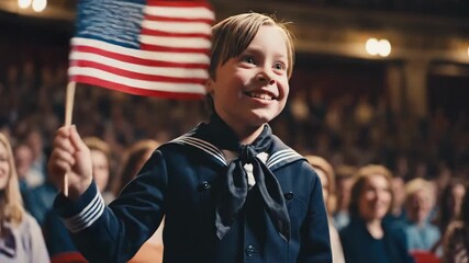 In a bustling theater, a young boy in a sailor outfit beams with joy while waving an American flag. His enthusiasm resonates with the cheering crowd, creating a memorable moment of celebration. - Powered by Adobe