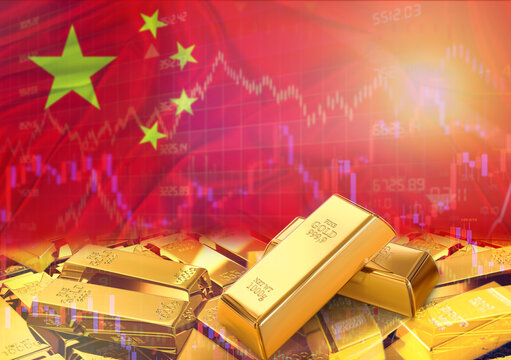 Gold bars on China flag in background. Gold bars stacked on Chinese flag. Concept of China gold reserves - Powered by Adobe