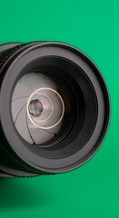 Close-up of a professional camera lens with a vibrant green background, highlighting the intricate details and glass elements of the lens