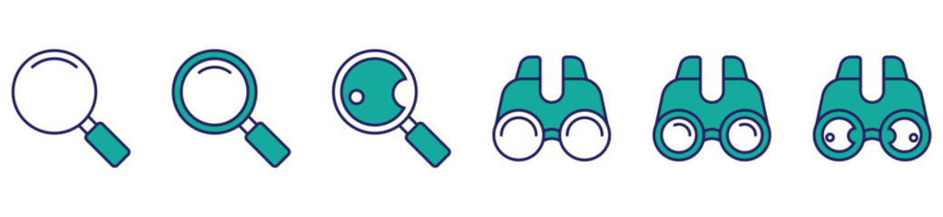 search and discovery icon set. Magnifying glass vector symbols in active and inactive styles.	