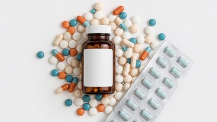 Medicine bottle with white empty label mockup standing on background with scattered tablets and pills. Clean pharmaceutical scene for medical, healthcare and pharmacy concepts