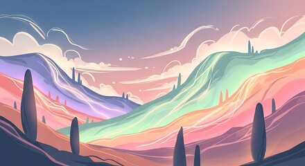 Colorful abstract landscape illustration with hills and sky background