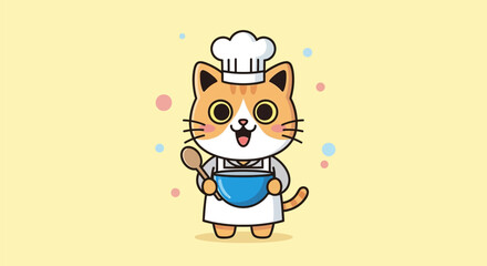 A cute cartoon ginger cat chef wearing a white hat and apron, holding a wooden spoon and a blue mixing bowl, on a light yellow background.