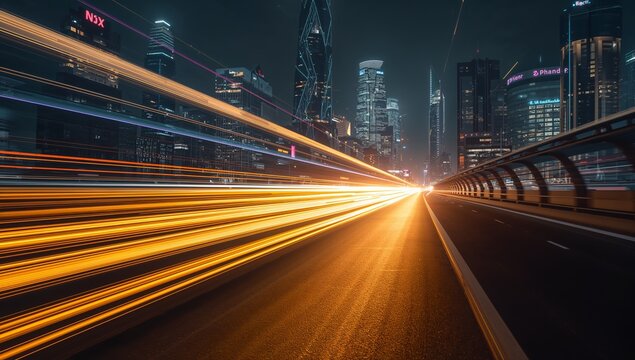 Dynamic City Night Scene with Light Trails and Skyscrapers