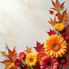 Obraz premium Gerbera daisies and maple leaves arranged on light textured surface. Vibrant autumn floral composition for seasonal decor invitations or greeting cards.