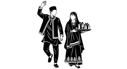 Black and white illustration of a man and woman in traditional attire, celebrating with gifts.
