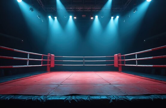 Empty boxing ring waits for fighters under bright stadium lights. Red canvas floor, ropes and corner posts ready for match. Dramatic combat arena prepared for bout.