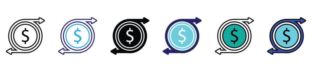 Refund money icon set in clean vector style, isolated for payment, finance, and return transaction concepts.