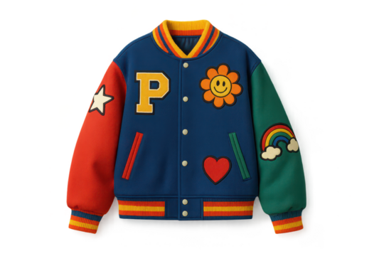 Colorful varsity jacket with patches isolated on transparent background, front view