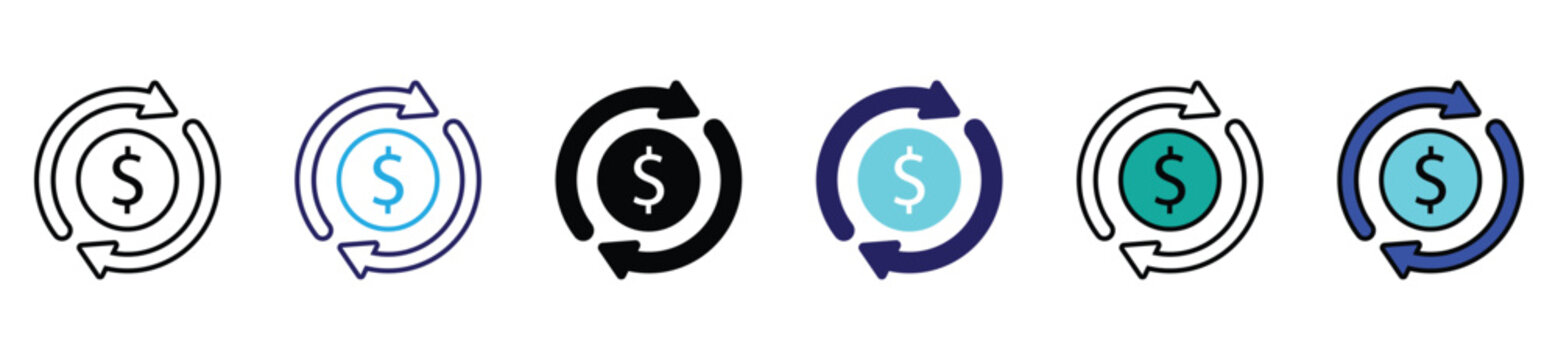 Collection of refund money vector icons, isolated for financial, payment, and return transaction designs.
