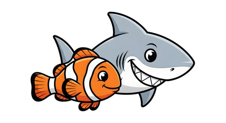 Cartoon Friendly Clownfish Swimming Beside a Smiling Grey Shark with White Background and Clean Lines and Simple Design