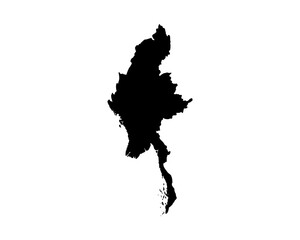 Flat black vector silhouette of Myanmar map, minimalist geographic outline for abstract cartography, education, and modern artwork