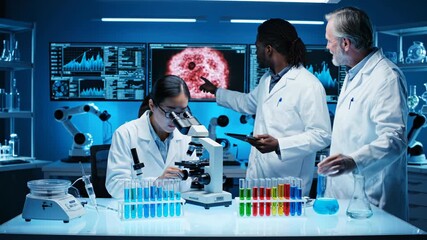 Diverse team of scientists collaborating in a modern laboratory with advanced equipment - Powered by Adobe